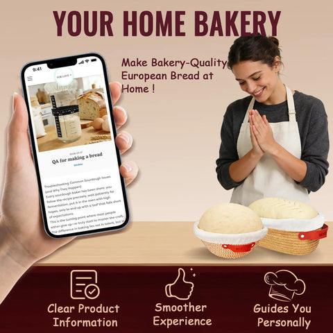 Complete Sourdough Starter Kit With Round 9 Inch Proofing Basket Oval 10 Inch Proofing Baskets 32 Ounce Starter Jar With Linen Cover Silicone Spatula And Essential Bread Baking Tools For Home Kitchen displayed with a smartphone and smiling woman.