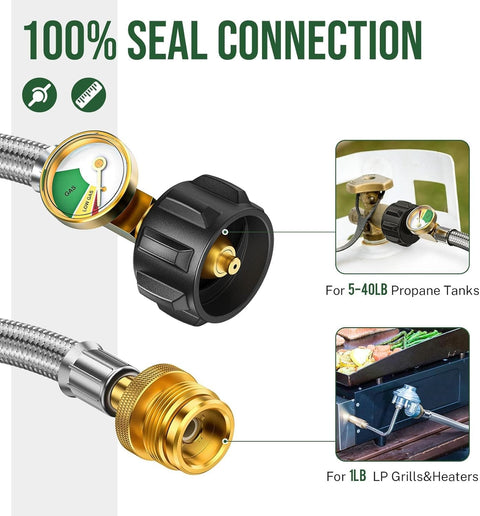 6 Foot Propane Hose Adapter With Gauge 1Lb To 20Lb Tank Connector For Grills And Heaters Grillin Setup, close-up view of gauge and fittings
