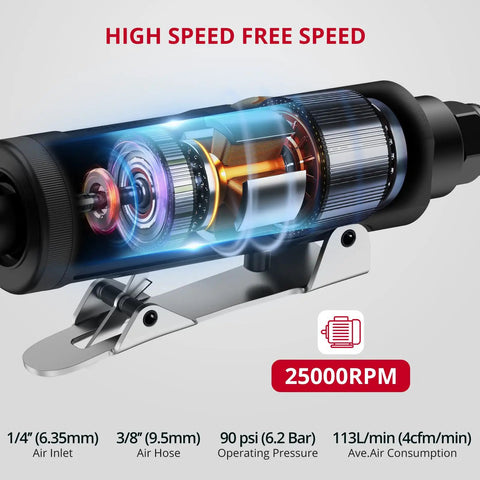 Heavy Duty 25000Rpm Straight Air Die Grinder Featuring Rear Exhaust Design For Lightning Fast Metal Polishing And Knockout Finish Work Around The Home Shop internal components illustration, showing high speed operation.