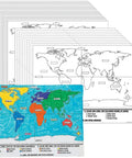 World Map Coloring Poster Set For Kids, 30 Large 22x17 Inch Giant Wall Maps, Educational Geography Activity shown in outline and colored.