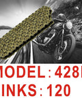 428H 120 Link Gold Motorcycle Chain With Master Link And Breaker Kit displayed with a motorcycle backdrop, featuring model and link numbers.