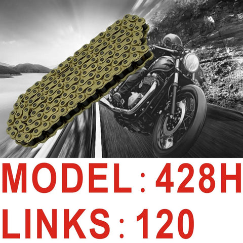 428H 120 Link Gold Motorcycle Chain With Master Link And Breaker Kit displayed with a motorcycle backdrop, featuring model and link numbers.