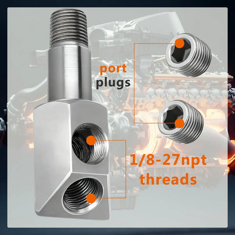 Oil Pressure Sensor Thread Adapter 1/8-27 NPT Port Plug For GM Chevy Small Block, silver metal with dual threaded ports.