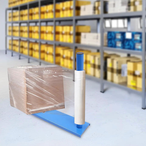Handheld Manual Stretch Film Pallet Wrapping Dispenser Heavy Duty Packing Machine For Warehouse Logistics No Sweat Setup Handles Big Loads With Ease Supports 132 Lbs ready to roll, with wrapped box and blue frame.