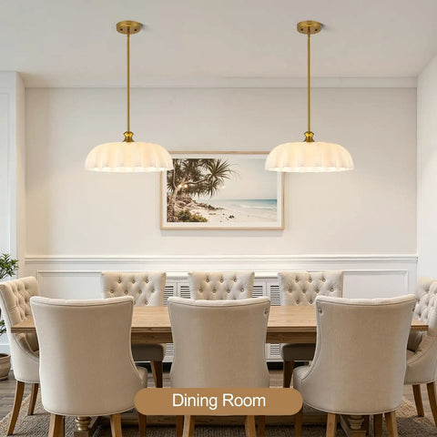 puncoll 15.7 Vintage Milk Glass Pendant Light Kitchen Island above a dining table in a modern dining room setting.