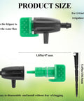 30 Pcs Adjustable Water Flow Drippers With 30 Emitters And Stakes, size dimensions, flexible tubing compatibility information.