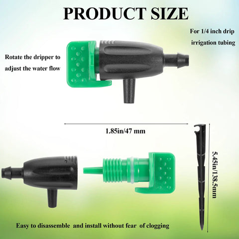 30 Pcs Adjustable Water Flow Drippers With 30 Emitters And Stakes, size dimensions, flexible tubing compatibility information.