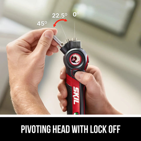 Rechargeable 4V Screwdriver With Pivoting Head For Tight Spaces shown adjusting angles to 0, 22.5, and 45 degrees