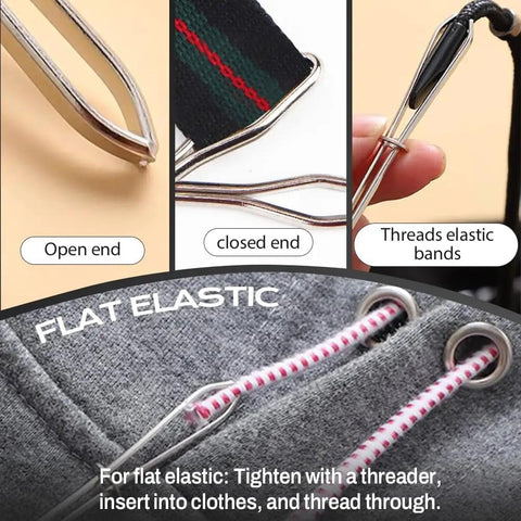 Pro Grade DIY Rope Threader Clip Set showing open and closed ends for drawstring insertion in garments like hoodies and shorts.