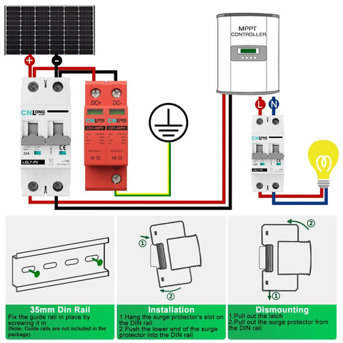 Diagram showing installation of Two Pole 40KA DC Surge Protector For Solar PV And Home Lightning Protection Heavy Duty 1000V Rating 2P Arrester With 35mm DIN Rail Mount Copper Components Fast Acting Shield For RVs Home Electronics And Appliances.
