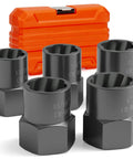 Heavy Duty Bolt Extractor Kit Pro Grade With Half Inch Drive Lug Nut Remover Tools For Stripped Damaged Rounded Off And Rusted Bolts And Studs In Automotive And Industrial Repair 5 Piece Set Size From Nineteen To Twenty Five Millimeters in CR-MO steel with orange case