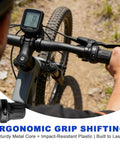 Cyclist using 7 Speed Bike Shifter Twist Grip Lever Thumb Gear Shifter for Mountain Bikes and Folding Bikes on trail