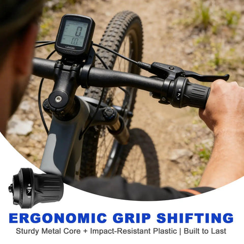 Cyclist using 7 Speed Bike Shifter Twist Grip Lever Thumb Gear Shifter for Mountain Bikes and Folding Bikes on trail
