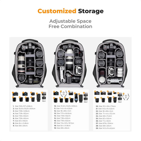 Hard Shell Camera Backpack For DSLR And Mirrorless Gear, Waterproof 22L Travel Case interior layout with dividers and gear