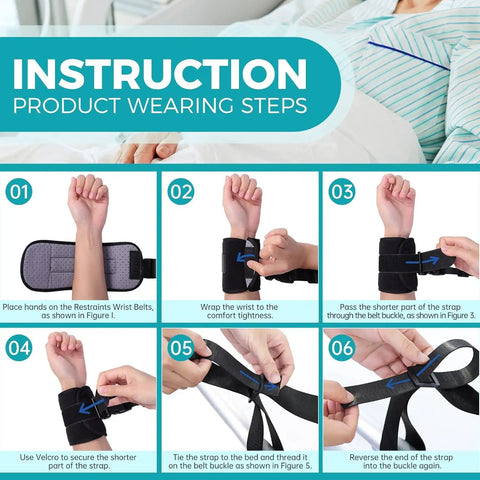 4-Piece Medical Restraint System For Senior Care, Black Ankle And Wrist Straps With Hospital Bed Safety Straps instructional image