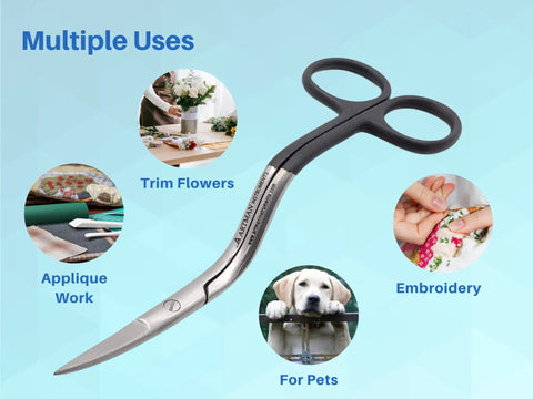 Curved Embroidery Scissors With Bent Handles, 6 Inch Pro Grade Curved Applique Snips For Machine Embroidery, Fabric Stitches And Crafting, Premium Stainless Steel Blades For Precise Clean Cuts, used for applique, flowers, embroidery, pets