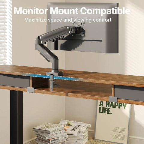 Spacious 40 X 24 Electric Standing Desk With Two Drawers And Hooks, Height Adjustable Computer Workstation C Clamp Mount Home Office Ergonomic Sit Stand Table Walnut with monitor mount.