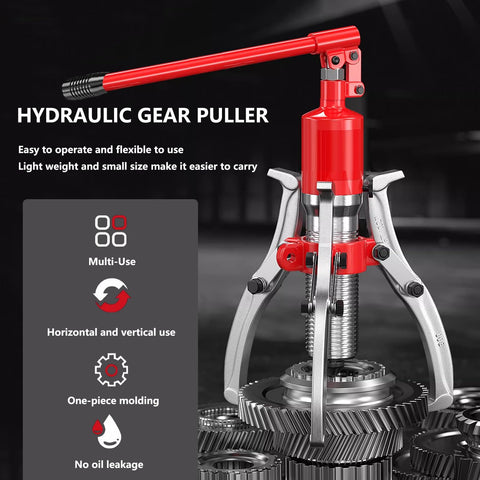 50 Ton Hydraulic Gear Puller Kit With 3 Jaw And 2 Jaw Sets displayed with gears and red handle, highlighting features