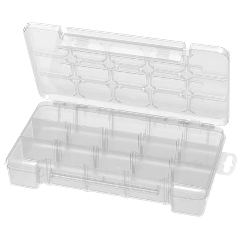 Compact Plastic Portable Parts Storage Case With Hinged Lid And Four Adjustable Dividers, clear with open compartments
