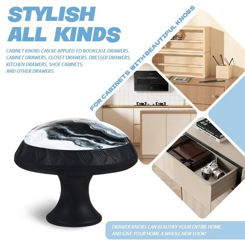 Slick Mushroom Cabinet Knobs With Fresh Black And White Abstract Marble Design Crafted From Premium Crystal Glass. 35mm knob ideal for drawers.