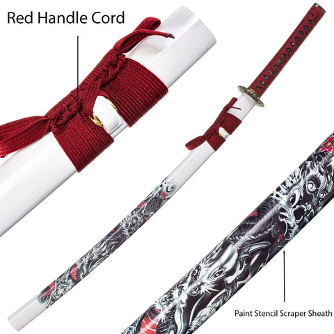 Hand Sharpened 1060 High Carbon Steel Samurai Sword Showpiece For Display And Iaido Practice With White Saya Dragon Design