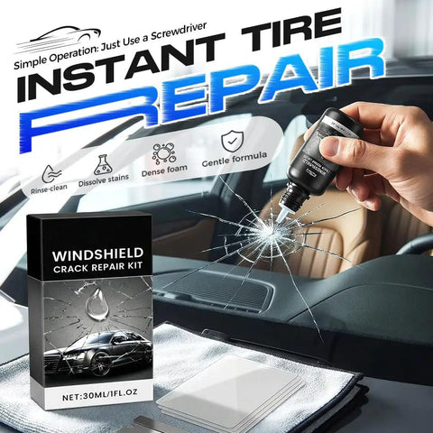 Hand applying glass window repair liquid from Windshield Crack Repair Kit For Chips And Cracks on car windshield, DIY solution