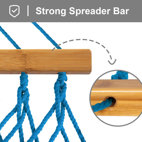 Heavy Duty Polyester Rope Hammock With Bamboo Spreader Bar For Two People Weather Resistant And Comfortable 450 Lb Capacity