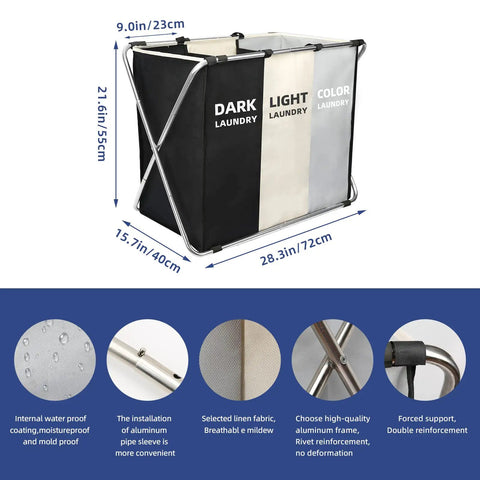 3-section laundry sorter with dark, light, and color compartments, 180L Huge Laundry Basket Freestanding Collapsible Hamper
