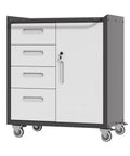 Beefy Metal Garage Storage Cabinet On Wheels With Lockable Drawer And Shelves, rugged steel tool cabinet with sealed wheels