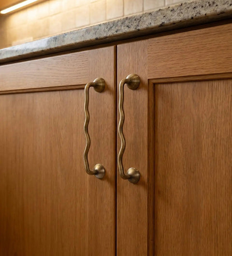 Brushed Antique Brass Wavy Cabinet Pulls With Five Inch Hole Centers Go To Kitchen Cupboards And Dresser Vanities Sleek Solid Brass