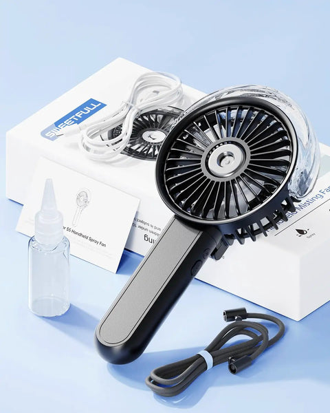 Misting Handheld Fan With 180 Degree Fold USB Rechargeable Personal Cooling Sprayer and accessories on table