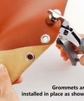 Heavy Duty Manual Grommet Press Kit With 500 Metal Eyelets for fabric, showing easy grip handle and 3/8 inch grommet installation on leather.