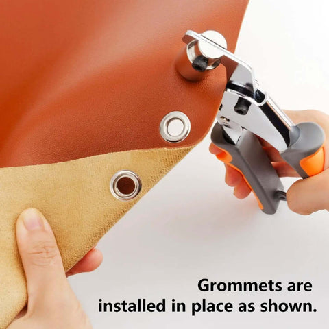 Heavy Duty Manual Grommet Press Kit With 500 Metal Eyelets for fabric, showing easy grip handle and 3/8 inch grommet installation on leather.