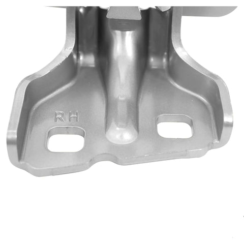 Close-up of right door hinge in grey primer for Chrysler Plymouth Prowler 1997-2002, showcasing bolt-on design and corrosion-resistant metal.