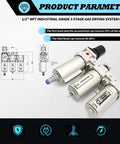 Heavy Duty 1/2 Inch Npt Industrial Three Stage Air Dryer Filter With Auto Drain For Compressed Gas Moisture And Oil Removal Slick Pneumatic Filtration System with detailed diagram.