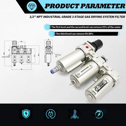 Heavy Duty 1/2 Inch Npt Industrial Three Stage Air Dryer Filter With Auto Drain For Compressed Gas Moisture And Oil Removal Slick Pneumatic Filtration System with detailed diagram.