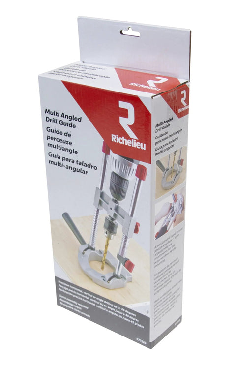 Richelieu R77229 multi-angled drill guide attachment in silver packaging front view for 1/4 in. & 3/8 in. drills