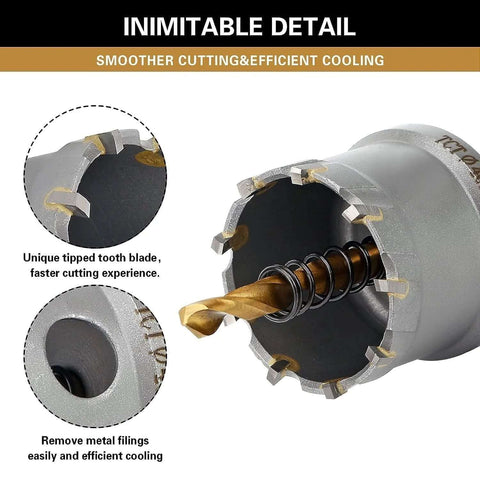 2'' TCT hole saw kit with tungsten carbide teeth and titanium-plated pilot bit for hard metals (front view)