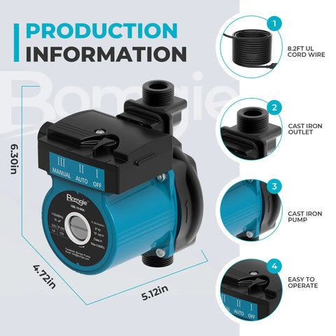 High Performance Hot Water Recirculating Pump 123W 115V Automatic Cast Iron Head 400GPH with manual and auto settings.