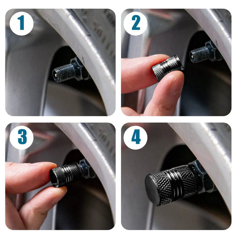 Installation steps of Premium Alloy Tire Valve Stem Caps 8 Pack Corrosion Resistant And Leak Proof Air Caps on wheel