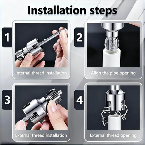 Installation steps for Heavy Duty Dual Function Pvc Pipe Threader Kit With 1 2 And 3 4 Inch Dies, showing internal and external threading.