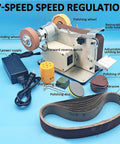 Compact Mini Belt Sander With Polishing Wheel And Automatic Tensioning For Desktop Use. 7-speed control for precise woodworking projects.