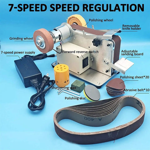 Compact Mini Belt Sander With Polishing Wheel And Automatic Tensioning For Desktop Use. 7-speed control for precise woodworking projects.