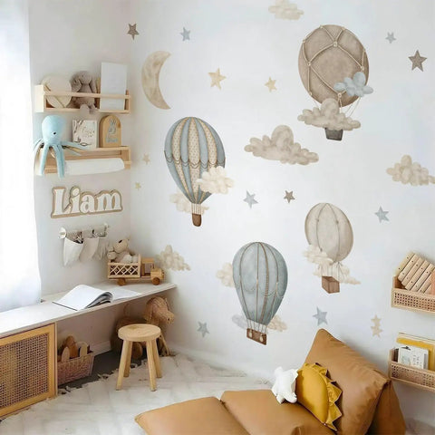 Watercolor Hot Air Balloon Fabric Wall Sticker Peel and Stick Decals With Stars and Clouds for Baby Nursery 120 x 40 cm