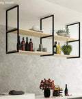 Super Sturdy 2 Tier Floating Shelf Brackets Wall And Ceiling Mount Heavy Duty Wrought Iron Pipe Style Supports For Rugged Diy Shelving And Home Upgrades Black Metal showcasing ceiling-mounted shelves with drinks and plants.