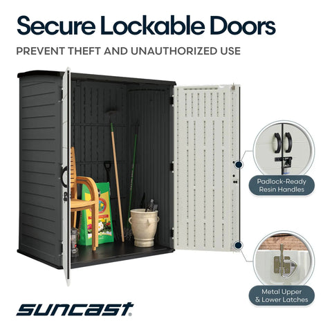 Open view of Massive 106 Cu Ft Vertical Outdoor Storage Shed with floor, lockable double doors showcasing interior capacity