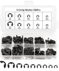 580 Piece Black Alloy Steel E Clip Set With 10 Size Assortment M1.5 To M10 in labeled storage box for bearings and axles
