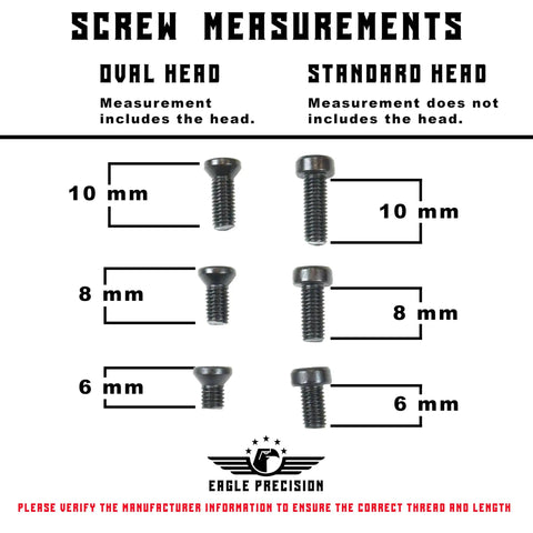 Screw measurements for Heavy Duty 6 48 And 8 40 Combo Optics Mount Screw Kit Oval Fillister Heads with sizes labeled.