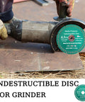 Front view of angle grinder with green 4.5-inch indestructible disc (7/8 in arbor) for metal, tile, glass, wood.