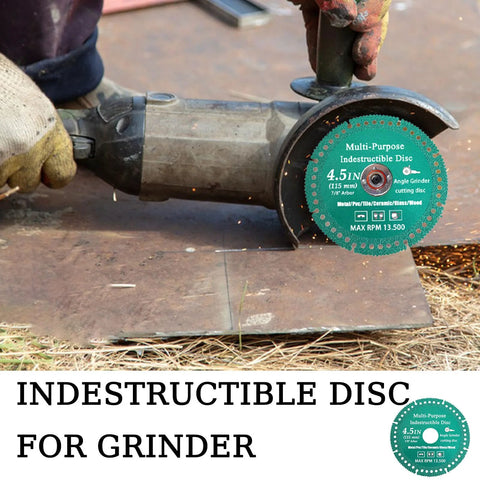 Front view of angle grinder with green 4.5-inch indestructible disc (7/8 in arbor) for metal, tile, glass, wood.